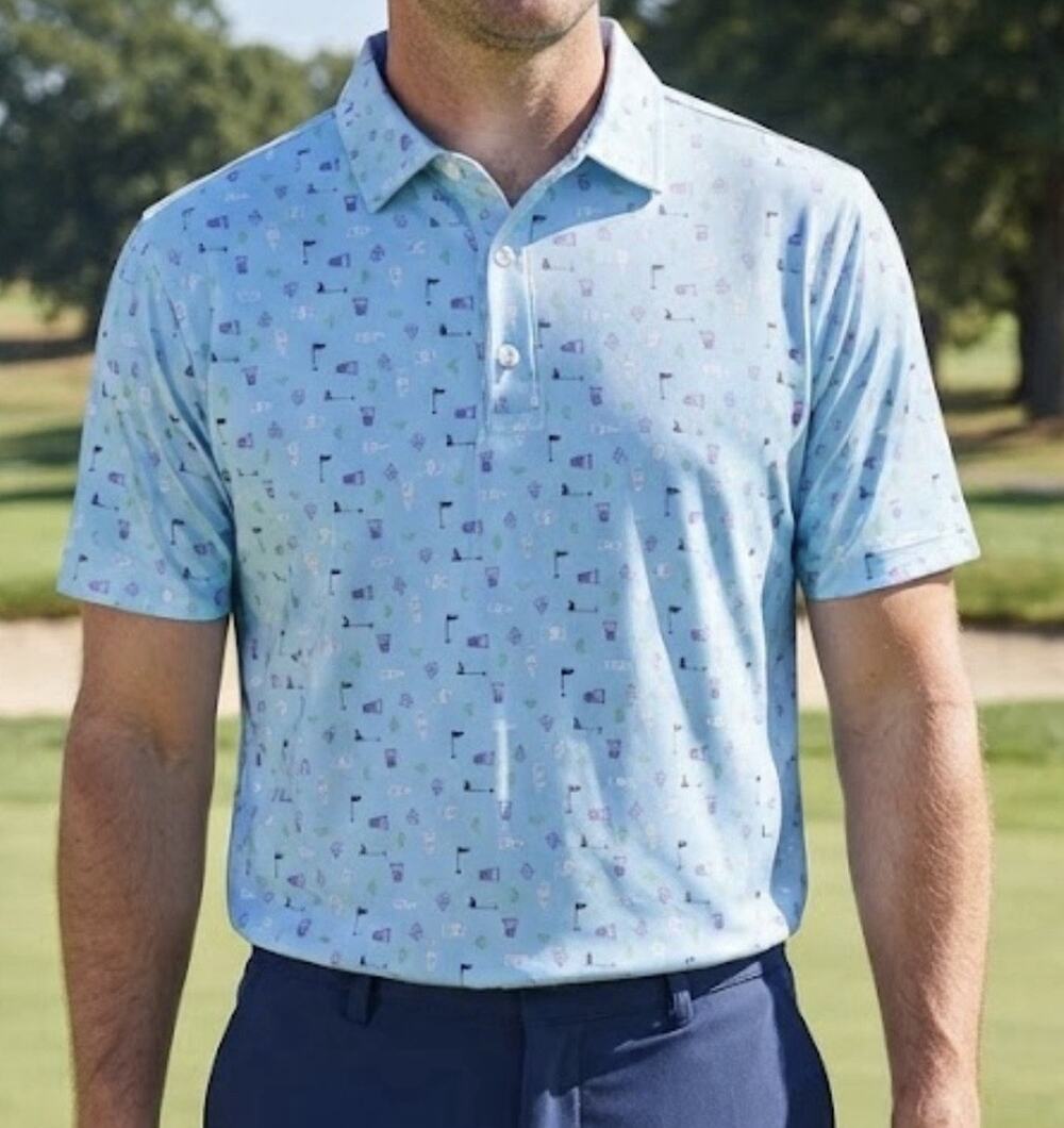 Deolax Men's Polo Shirt M Blue Golf Graphic Print Stretch Short Sleeve Collared
